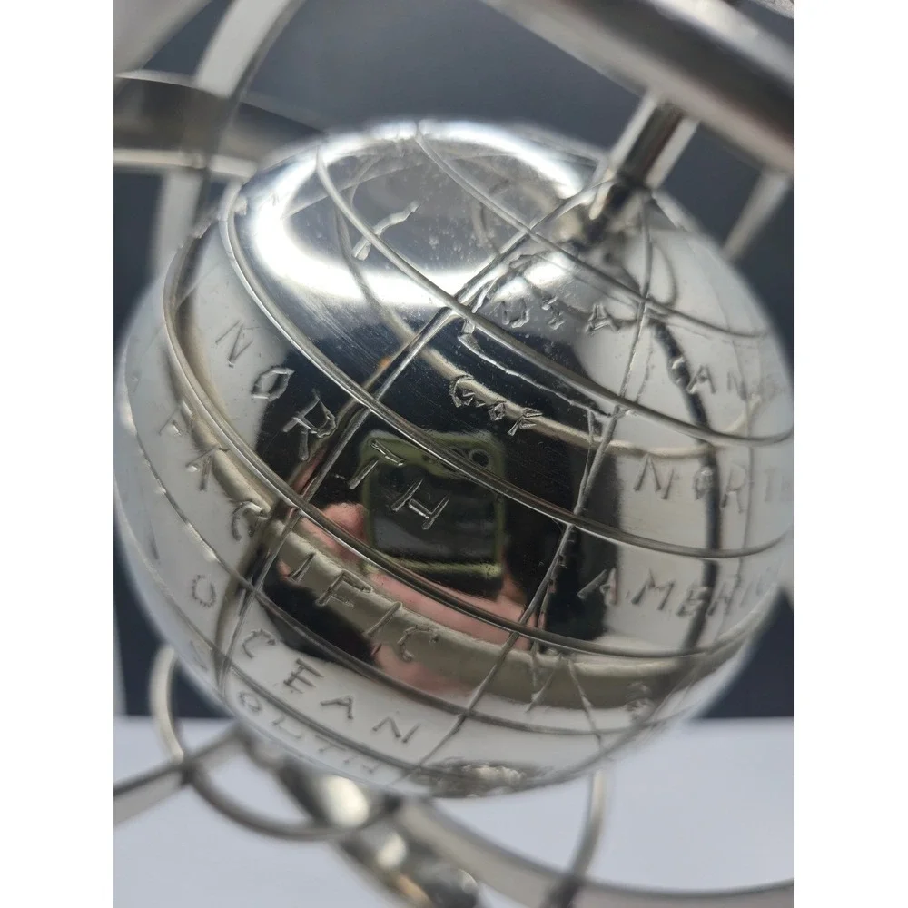Silver Metal Armillary Sphere Globe Engraved Desktop Decor 13.5
